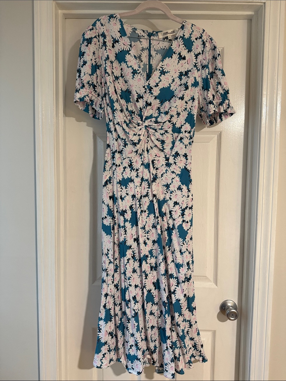 Diane Von Furstenberg Anaba Dress Teal Floral Twist-Front Midi Dress NWOT